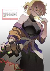 1girl biting black_dress blonde_hair breasts brown_shirt commentary cowboy_shot crossed_bangs dress fingernails gradient_background green_eyes green_nails grey_background hair_between_eyes highres long_bangs looking_at_viewer medium_breasts mizuhashi_parsee off_shoulder pointy_ears request_inset sash shirt short_hair short_sleeves sleeveless sleeveless_dress sokura_(mochichitose) solo straw_doll touhou white_sash