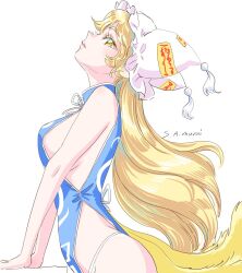 Rule 34 | 1girl, alternate hair length, alternate hairstyle, artist name, blonde hair, blue tabard, breasts, expressionless, fox girl, fox tail, from side, hat, large breasts, looking at viewer, looking to the side, multiple tails, naked tabard, panties, panty straps, s-a-murai, sideboob, solo, tabard, tail, touhou, underwear, white background, white panties, yakumo ran, yellow eyes