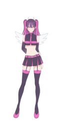 1girl 2.5_jigen_no_ririsa 2.5_jigen_no_ririsa_tenshitachi_no_stage absurdres arm_behind_back bare_shoulders belt black_garter_straps black_shirt black_skirt black_sleeves black_thighhighs closed_mouth cosplay crop_top detached_sleeves fake_wings full_body garter_straps hair_between_eyes hair_ornament highres holding_own_arm long_hair looking_at_viewer midriff miriella_(2.5_jigen_no_ririsa) miriella_(2.5_jigen_no_ririsa)_(cosplay) multicolored_hair navel official_art pink_belt pink_eyes pink_hair pink_shirt pink_shoes pink_skirt pink_thighhighs pleated_skirt purple_hair shirt shoes simple_background skirt sleeveless sleeveless_shirt smile solo standing stomach straight-on tachi-e tachibana_mikari thighhighs transparent_background two-tone_hair two-tone_shirt two-tone_skirt two-tone_thighhighs two_side_up webp-to-png_conversion white_wings wing_hair_ornament wings zettai_ryouiki