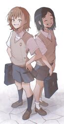 Rule 34 | 2girls, absurdres, asymmetrical bangs, bag, black hair, brown eyes, brown hair, brown shoes, brown sweater vest, collared shirt, commentary, frog hair ornament, full body, grey skirt, hair ornament, hairpin, hands on own hips, highres, karakara (xryns01), kessai kiyoshi, kneehighs, loafers, looking at viewer, medium hair, miniskirt, misaka mikoto, multiple girls, parted bangs, parted lips, pleated skirt, school bag, school emblem, school uniform, shirt, shoes, short sleeves, skirt, smile, socks, summer uniform, sweater vest, toaru kagaku no railgun, toaru majutsu no index, tokiwadai school uniform, v-neck, white background, white shirt