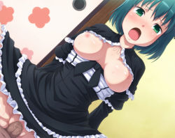 1boy 1girl blush breasts censored clothed_female_nude_male clothed_sex cowgirl_position dress frills girl_on_top gothic_lolita green_eyes green_hair hetero joshiraku kuurubiyuutei_gankyou lolita_fashion looking_at_viewer mosaic_censoring nipples no_bra no_panties nude open_clothes open_mouth penis pokiyu pussy saliva sex short_hair spread_legs straddling sweat tears vaginal