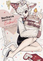 Rule 34 | 1girl, ;d, abingbeey, animal head, barbara (reverse:1999), bare legs, birthday cake, black skirt, brown eyes, cake, character name, chin strap, confetti, dated, food, full body, grey vest, hair ornament, hand up, hat, heart, highres, holding, holding cake, holding food, horizontal pupils, looking at viewer, miniskirt, notebook, one eye closed, open mouth, party hat, pillow, red hat, reverse:1999, sheep girl, sheep hair ornament, sheep head, sheep slippers, shirt, signature, sitting, skirt, sleeves past fingers, sleeves past wrists, slippers, smile, solo, vest, white shirt, white slippers, yokozuwari