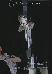 Rule 34 | 1boy, 1girl, black background, black hair, black jacket, blood, blood on clothes, blood on face, commentary, commission, grey necktie, grey skirt, hashtag-only commentary, highres, injury, jacket, long sleeves, naoi (zenbu kowashite jigoku de aishite), necktie, occoon, plaid clothes, plaid necktie, plaid skirt, pleated skirt, school uniform, short hair, skirt, zenbu kowashite jigoku de aishite