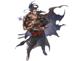 Rule 34 | ajirogasa, arm guards, armor, black cape, black pants, blue hair, bridal gauntlets, broad shoulders, cape, draph, eyepatch, floating cape, frown, full body, garouza (granblue fantasy), granblue fantasy, hat, hat on back, high ponytail, horns, japanese clothes, jewelry, katana, large pectorals, male focus, minaba hideo, mouth hold, muscular, muscular male, official art, pants, pauldrons, pectorals, pendant, pinwheel, pointy ears, ponytail, purple eyes, red sash, rice hat, sandals, sash, shin guards, shoulder armor, sidepec, single pauldron, stalk in mouth, sword, tabi, thick eyebrows, tight top, transparent background, unworn hat, unworn headwear, vambraces, weapon