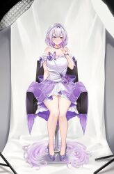 1girl absurdres alternate_hair_length alternate_hairstyle bare_legs bare_shoulders breasts castorice_(honkai:_star_rail) castorice_(star_rail_live_2025)_(honkai:_star_rail) chair colored_inner_hair commentary commission dress english_commentary foxie30 full_body grey_hair hand_up high_heels highres honkai:_star_rail honkai_(series) index_finger_raised jewelry looking_at_viewer multicolored_hair necklace off-shoulder_dress off_shoulder official_alternate_costume pointy_ears pumps purple_eyes purple_hair purple_shoes severed_hair shoes short_dress short_hair short_sleeves sitting solo twirling_hair white_dress