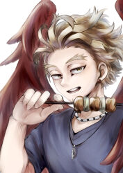 1boy absurdres blonde_hair blue_shirt boku_no_hero_academia hawks_(boku_no_hero_academia) highres holding holding_skewer jewelry looking_at_viewer male_focus necklace open_mouth r1014-chopper red_wings shirt short_sleeves skewer solo t-shirt upper_body white_background wings