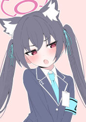 Rule 34 | 1girl, absurdres, animal ears, armband, black hair, blue archive, blue armband, blue jacket, blue necktie, blush, cat ears, collared shirt, commentary request, double-parted bangs, extra ears, fang, halo, highres, id card, jacket, long hair, long sleeves, looking at viewer, mistel (sukebemistel), necktie, open mouth, pink background, red eyes, school uniform, serika (blue archive), shirt, skin fang, solo, twintails, v-shaped eyebrows, white shirt