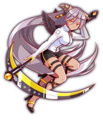 angel_wings anime_coloring arm_behind_head artist_request baphomet_(crash_fever) black_footwear black_straps black_wings breasts brown_horns closed_mouth collar collared_jacket crash_fever cross-laced_clothes cross-laced_legwear dark-skinned_female dark_skin frown full_body game_cg grey_hair hair_between_eyes holding holding_scythe horns jacket large_breasts legs_apart long_hair looking_to_the_side low_horns lowered_eyelids mini_wings number_print numbered o-ring o-ring_legwear o-ring_thigh_strap official_art outline pointy_ears print_sleeve_cuffs red_outline scythe short_shorts shorts simple_background sleeves_past_fingers sleeves_past_wrists solo square square_print straight_hair strappy_heels tachi-e thigh_strap third-party_source transparent_background turtleneck turtleneck_jacket very_long_hair very_long_sleeves white_collar white_jacket white_sleeves wings yellow_eyes zipper zipper_pull_tab