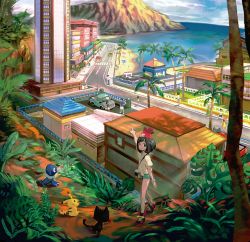 artist_request bag bare_legs beach beach_umbrella beanie black_hair blue_eyes blue_sky blush bracelet car city closed_mouth cloud creatures_(company) crosswalk dappled_sunlight day fence game_freak gen_1_pokemon gen_7_pokemon green_shorts handbag hat horizon jewelry litten looking_at_viewer motor_vehicle mountain multiple_boys multiple_girls nintendo no_socks official_art outdoors outstretched_arm over_shoulder palm_tree pavement pikachu plant pointing pokemon pokemon_(creature) pokemon_sm popplio red_footwear red_hat road scenery selene_(pokemon) shade shirt shoes shore short_hair short_shorts short_sleeves shorts sitting sky smile solo_focus stairs standing street summer sunlight tree umbrella yellow_shirt