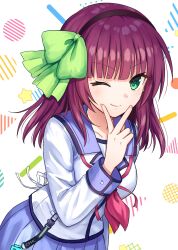 1girl ;) angel_beats! black_hairband blue_sailor_collar blue_skirt blush bow closed_mouth cowboy_shot eyelashes eyes_visible_through_hair floating_hair green_bow green_eyes hair_bow hairband hand_up happy hashtag-only_commentary highres long_sleeves looking_at_viewer medium_hair nakamura_hinato nakamura_yuri neckerchief one_eye_closed pink_neckerchief pleated_skirt purple_hair sailor_collar shinda_sekai_sensen_uniform shirt sidelocks simple_background skirt smile solo split_mouth star_(symbol) straight_hair v v-shaped_eyebrows v_over_mouth white_background white_shirt
