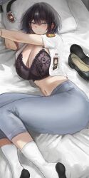 Rule 34 | 1girl, absurdres, artist name, belt, black belt, black hair, black shoes, blue eyes, bra, breasts, cleavage, closed mouth, commentary, head on pillow, highres, huge breasts, indonesian flag, indonesian high school uniform, intan ayu kartika (vloodozer), kneehighs, lace, lace-trimmed bra, lace trim, long skirt, looking at viewer, lying, mole, mole under eye, navel, on bed, on side, open clothes, open shirt, original, pencil skirt, pillow, school uniform, shirt, shoes, short hair, skirt, smile, socks, solo, stomach, underwear, unworn belt, unworn shoes, vloodozer, watermark, white shirt, white socks
