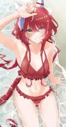 1girl absurdres alternate_costume arm_up armpits beach bikini breasts cleavage collarbone commentary_request ear_covers ear_ornament frilled_bikini frills green_eyes hair_between_eyes hair_ornament highres horse_girl looking_at_viewer low_twintails navel ocean rbxlaifjzlilxep red_bikini red_hair small_breasts swimsuit twintails umamusume win_variation_(umamusume)