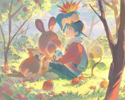 Rule 34 | 1boy, :o, absurdres, backwards hat, bakutiku, baseball cap, bellsprout, bird, black shorts, blue eyes, commentary request, cyndaquil, day, egg, ethan (pokemon), from side, gen 1 pokemon, gen 2 pokemon, grass, hat, highres, holding, holding egg, jacket, male focus, nintendo, on head, open mouth, outdoors, pidgey, poke ball, poke ball (basic), pokemon, pokemon (creature), pokemon hgss, pokemon on head, red footwear, red jacket, sentret, shoes, shorts, sitting, togepi egg