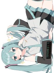 Rule 34 | 1girl, black skirt, black sleeves, blue hair, blue necktie, blush, closed mouth, collared shirt, detached sleeves, flat chest, from side, hair between eyes, hatsune miku, highres, holding, holding own hair, looking at viewer, mani (manidrawings), microphone, miniskirt, necktie, on floor, pleated skirt, shirt, simple background, skirt, skirt set, sleeveless, sleeveless shirt, smile, solo, twintails, upside-down, vocaloid, white background, wing collar