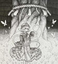 1girl bug butterfly closed_mouth commentary_request frilled_kimono frilled_sleeves frills greyscale hat highres hitodama holding holding_skull insect japanese_clothes kimono long_sleeves looking_at_viewer mob_cap monochrome neck_ribbon ribbon rope saigyou_ayakashi saigyouji_yuyuko shide shimenawa skull sleeve_garter smile solo split_mouth suteruko touhou traditional_media tree triangular_headpiece wide_sleeves