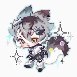 Rule 34 | 1boy, animal collar, animal ears, cat boy, cat ears, cat tail, chibi, collar, commentary, ear piercing, full body, grey hair, highres, leg warmers, looking at viewer, male focus, original, paki2000, piercing, shirt, short hair, shorts, simple background, solo, symbol-only commentary, tail, torn clothes, white background, white shirt, yellow eyes