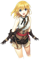 Rule 34 | 00s, 1girl, :d, alternate hair length, alternate hairstyle, bag, black gloves, blonde hair, corset, cowboy shot, cropped legs, elbow gloves, female focus, gloves, heterochromia, lisa (seiken no blacksmith), luna (reclaimed land), open mouth, pointy ears, seiken no blacksmith, shorts, shoulder bag, simple background, smile, solo, white background