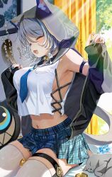 1girl ^_^ animal animal_ears black_jacket blue_necktie blue_skirt breasts cat cat_ears cat_girl cat_tail cipher_(honkai:_star_rail) closed_eyes commentary_request curtains grey_hair highres honkai:_star_rail honkai_(series) hood indoors jacket kabu_usagi large_breasts navel necktie open_mouth plaid_clothes plaid_skirt shirt sitting skirt solo tail thigh_strap thighhighs translation_request white_shirt window zettai_ryouiki