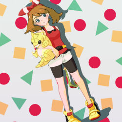 1girl aqua_eyes bike_shorts bow_hairband brown_hair closed_mouth commentary_request gen_1_pokemon hairband head_tilt holding holding_pokemon may_(pokemon) medium_hair nintendo pokemon pokemon_(creature) pokemon_oras red_hairband red_shirt sakuramochi0906 sandshrew shirt shoes short_shorts shorts sleeveless sleeveless_shirt standing white_shorts yellow_shoes