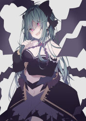 1girl aqua_hair bare_shoulders black_headband breasts chaos_aurora_(grimms_notes) cleavage collarbone cowboy_shot detached_sleeves dress grimms_notes headband highres iumi_urura long_hair long_sleeves medium_breasts navel open_mouth pink_eyes puffy_long_sleeves puffy_sleeves purple_dress purple_ribbon purple_skirt purple_sleeves ribbon skirt smile solo thorns wheel