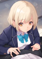 Rule 34 | 1boy, 1girl, aqua bow, aqua bowtie, between legs, blazer, blonde hair, blue jacket, bow, bowtie, collared shirt, commentary request, hands on another&#039;s crotch, hands on another&#039;s leg, jacket, kirishima satoshi, light smile, looking at viewer, original, school uniform, shirt, short hair, white shirt, wooden floor, yellow eyes