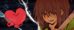 2others brown_hair commentary deltarune flying_sweatdrops fork gaida heart heavy_breathing highres holding holding_fork holding_weapon kris_(deltarune) lightning multiple_others red_eyes short_hair sweat weapon