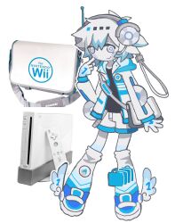 1other adoptable black_shirt blue_shoes cd closed_mouth colored_skin controller full_body game_console game_controller gloves headphones headset highres jacket kalawakan looking_at_viewer microphone nintendo original shirt shoes short_hair shorts smile socks solo white_eyes white_gloves white_hair white_jacket white_shorts white_skin white_socks wii wii_remote winged_footwear