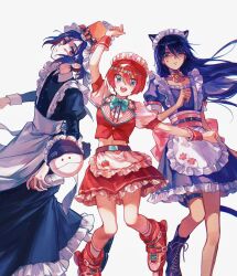 1boy 2girls alternate_costume amate_yuzuriha animal_ears apron aqua_eyes blue_hair cat_ears cat_girl cat_tail collared_dress colored_inner_hair conch_(gundam) crossdressing detached_collar dress enmaided frilled_apron frills gundam gundam_gquuuuuux haro highres inline_skates juliet_sleeves kemonomimi_mode long_hair long_sleeves looking_at_viewer maid maid_apron maid_headdress male_maid multicolored_hair multiple_girls navel non-humanoid_robot nyaan_(gundam_gquuuuuux) open_mouth puffy_sleeves purple_hair red_eyes red_hair robot roller_skates shirt short_hair shuji_ito simple_background skates skirt smile sonnambulo777 sweatdrop tail trap two-tone_hair white_apron white_background wrist_cuffs yellow_eyes