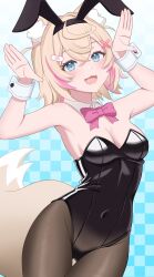 1girl animal_ears arms_up bare_shoulders black_pantyhose blonde_hair blue_background blue_eyes bow bowtie breasts cleavage covered_navel cowboy_shot detached_collar dog_ears dog_girl dog_tail fake_animal_ears fang grid_background hair_between_eyes hair_ornament hashtag-only_commentary highres hololive hololive_english leotard looking_at_viewer mococo_abyssgard multicolored_hair omio open_mouth pantyhose pink_bow pink_bowtie rabbit_ears rabbit_pose simple_background skin_fang smile solo strapless strapless_leotard streaked_hair tail virtual_youtuber x_hair_ornament