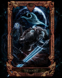 1boy 1girl 2024 absurdres armor artist_name bloody_wolf_(elden_ring) blue_hair blue_skin breastplate cape cloak closed_eyes closed_mouth colored_skin commentary copyright_notice cracked_skin doll_joints elden_ring english_commentary extra_arms full_armor fur_cape fur_cloak ghonz_art glowing glowing_jewelry glowing_sword glowing_weapon gold_border greatsword hat helm helmet hetero highres holding holding_sword holding_weapon jewelry joints kiss large_hat long_hair moonlight_greatsword ranni_the_witch ring sword tarnished_(elden_ring) tarot the_lovers_(tarot) vambraces weapon wedding_ring white_hair witch witch_hat