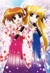 Rule 34 | 2girls, black ribbon, blonde hair, blue eyes, falling petals, fate testarossa, floral print, floral print kimono, hair ribbon, hakama, hakama skirt, higa yukari, holding, japanese clothes, kimono, long hair, long sleeves, looking at viewer, lyrical nanoha, mahou shoujo lyrical nanoha, medium hair, multiple girls, official art, one side up, orange hair, outdoors, petals, print kimono, purple hakama, red eyes, ribbon, skirt, takamachi nanoha, twintails, white kimono, white ribbon, wide sleeves