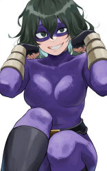 Rule 34 | 1girl, absurdres, bodysuit, boku no hero academia, breasts, domino mask, eye mask, fengling (furin-jp), fingerless gloves, gloves, green eyes, green hair, grin, hair between eyes, highres, large breasts, long hair, looking at viewer, mask, open mouth, purple mask, sharp teeth, smile, solo, superhero costume, teeth, tokage setsuna