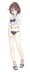 Rule 34 | 1girl, absurdres, belt, bikini, black bikini, black sandals, breasts, brown hair, cleavage, collarbone, full body, glasses, green eyes, groin, hair tie, highres, holding own arm, long hair, looking at viewer, medium breasts, mifuyu (princess connect!), mifuyu (real) (princess connect!), navel, official art, open mouth, ponytail, princess connect!, sandals, shirt, sleeves rolled up, swimsuit, tachi-e, transparent background, white shirt