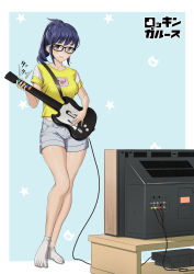 1girl absurdres black-framed_eyewear blue_background blue_eyes blue_hair female_focus full_body goodotaku grey_shorts guitar guitar_hero highres instrument looking_at_viewer medium_hair shirt shorts smile socks solo standing t-shirt television white_socks yellow_shirt