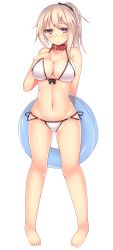 1girl bad_feet bikini blonde_hair blush breasts collar female_focus full_body highres innertube kubiwa_(kutan) kutan looking_at_viewer navel original ponytail purple_eyes solo swim_ring swimsuit transparent_background white_bikini