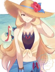 Rule 34 | 1girl, absurdres, beach, bikini, blonde hair, blue sarong, breasts, brown hat, closed mouth, crop top, cynthia (pokemon), cynthia (summer 2025) (pokemon), day, flower, flower hat, gen 3 pokemon, grey eyes, hair over one eye, hat, hat flower, hibiscus, highres, long hair, looking at viewer, milotic, navel, nintendo, official alternate costume, outdoors, pokemon, pokemon (creature), pokemon masters ex, red flower, ryusa (gjgd7445), sarong, shirt, sky, smile, straw hat, sun hat, swimsuit, tied shirt, very long hair, water, watermark