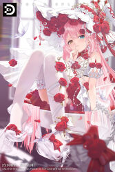 1girl bare_shoulders blue_eyes blurry blurry_background bow bowtie braid bug butterfly chinese_commentary commentary_request detached_sleeves dinyc dress dress_flower flower full_body gem glass_slipper hand_up hat hat_bow hat_flower heterochromia highres index_finger_raised insect long_hair looking_at_viewer original parted_lips pink_hair red_bow red_bowtie red_flower red_gemstone red_rose rose shoe_dangle single_braid sitting solo strapless strapless_dress thighhighs very_long_hair watermark white_dress white_hat white_sleeves white_thighhighs white_wrist_cuffs witch_hat wrist_cuffs yellow_eyes