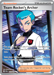 1boy archer_(pokemon) arm_behind_back artist_name belt black_belt blue_eyes blue_hair breast_pocket building card_(medium) character_name city company_name copyright_name copyright_notice english_text hand_on_own_chest ishikawa_hideki long_sleeves male_focus nintendo official_art pants pocket pokemon pokemon_card pokemon_hgss pokemon_tcg shirt short_hair smile solo standing team_rocket team_rocket_uniform third-party_source trading_card v-shaped_eyebrows very_short_hair white_pants white_shirt window