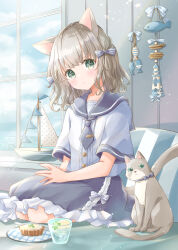 1girl animal_ears black_sailor_collar black_skirt blue_bow blush boat bow cat cat_ears commentary commentary_request english_commentary food frilled_skirt frills fruit glass green_eyes grey_hair hair_bow highres hoshiibara_mato ice ice_cube lemon lemon_slice looking_at_viewer mixed-language_commentary original plate sailboat sailor_collar school_uniform serafuku short_sleeves skirt solo striped_bow summer tie_clip watercraft window