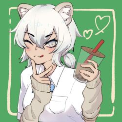1girl :3 :p animal_ears aota_haruki blue_bow blue_bowtie bow bowtie bubble_tea dark-skinned_female dark_skin detached_sleeves grey_eyes grey_sleeves hair_between_eyes highres kemono_friends kemono_friends_3 lion_ears lion_girl looking_at_viewer one_eye_closed plaid_bow plaid_bowtie plaid_clothes school_uniform shirt short_sleeves short_twintails sidelocks sleeves_past_wrists solo t-shirt tongue tongue_out transvaal_lion_(kemono_friends) twintails white_hair white_shirt