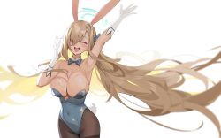 1girl :d absurdres animal_ears aqua_leotard arm_up asuna_(blue_archive) asuna_(bunny)_(blue_archive) asymmetrical_bangs blue_archive blue_bow blue_bowtie blue_leotard blush bow bowtie breasts cleavage closed_eyes detached_collar fake_animal_ears fake_tail gloves hair_over_one_eye halo highleg highleg_leotard highres iak large_breasts leotard light_brown_hair long_hair official_alternate_costume open_mouth pantyhose playboy_bunny rabbit_ears rabbit_tail simple_background smile solo strapless strapless_leotard sweat tail teeth thighband_pantyhose traditional_bowtie upper_teeth_only very_long_hair white_background