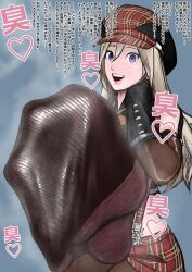 1girl alisa_ilinichina_amiella blue_eyes feet god_eater hat highres koukou_panchi long_hair looking_at_viewer open_mouth pov see-through_clothes see-through_legwear soles steam toes translated