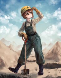 1girl absurdres adjusting_clothes adjusting_headwear belt black_belt black_boots blue_sky blush boots brown_eyes brown_hair collared_shirt commentary day english_commentary full_body gloves green_overalls hagiwara_yukiho hard_hat helmet highres hold111 hole idolmaster idolmaster_(classic) long_sleeves looking_to_the_side outdoors overalls parted_lips shirt short_hair shovel sky solo standing sweat yellow_gloves