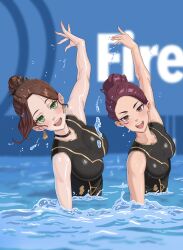 2girls absurdres alternate_costume alternate_hairstyle arms_up bad_tag black_choker black_one-piece_swimsuit breasts brown_eyes brown_hair choker dancing dorothea_arnault duet earrings emmettart fire_emblem fire_emblem:_three_houses green_eyes hair_bun highres jewelry large_breasts looking_at_viewer matching_hairstyle matching_outfits medium_breasts multiple_girls nintendo one-piece_swimsuit pale_skin partially_submerged petra_macneary pool purple_hair smile splashing swimsuit synchronized_swimming tan water water_drop