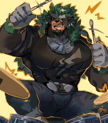 1boy absurdres bara closed_eyes clothed_pokemon dog_tags drum drum_set drumsticks ear_piercing facial_hair furry furry_male gen_8_pokemon goatee graysheartart highres holding holding_drumsticks huge_pectorals instrument male_focus muscular muscular_male mustache_stubble navel nintendo open_mouth pectoral_cleavage pectorals piercing pokemon pokemon_(creature) rillaboom solo stubble