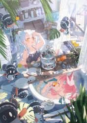 &gt;_&lt; 2girls absurdly_detailed_composition absurdres animal_ear_fluff animal_ears apron barefoot bath bathtub bikini black_bikini blunt_bangs cake cherry commentary cup curtains drink english_commentary flower_pot food frilled_hairband frills from_above fruit green_bikini hairband hand_fan highres hoji_(hooooooooji1029) holding holding_cup holding_fan holding_food ice_cream indoors light_blush loaded_interior long_hair lotion_bottle lying maid multiple_girls on_back open_mouth original pale_skin palms parted_bangs pink_hair plate ponytail robot rubber_duck shampoo_bottle sidelocks skirt soap_bubbles summer sunlight swimsuit teeth towel twintails upper_teeth_only white_apron white_hairband white_skirt yellow_eyes