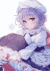 1girl hat highres lapel_pin letty_whiterock long_sleeves masanaga_(tsukasa) medium_hair puffy_short_sleeves puffy_sleeves purple_eyes purple_hair purple_skirt purple_vest shirt short_sleeves skirt skirt_set smile solo touhou vest wavy_hair white_shirt
