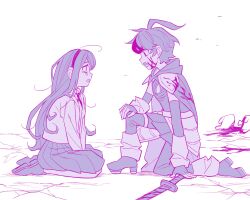 1boy 1girl absurdres ahoge blood blood_on_clothes blood_on_face blood_splatter boots crouching eye_contact fingerless_gloves full_body gloves high_heel_boots high_heels highres kashimiya_karua kneeling limited_palette looking_at_another messy_hair multicolored_hair open_mouth pleated_skirt skirt streaked_hair sumino_takumi sword the_hundred_line_-last_defense_academy- weapon