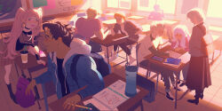 4boys 4girls arm_wrestling backpack bag black_boots black_choker black_pants black_shirt black_shoes black_skirt black_socks blonde_hair blue_bag blue_coat blue_shorts board_eraser book boots bottle bracelet brown_hair brown_skirt chair choker chuwenjie classroom claude_von_riegan closed_eyes closed_mouth coat colored_pencil commentary contemporary cup day desk disposable_coffee_cup disposable_cup drawing_(action) drawing_(object) drink drinking drinking_straw earrings english_commentary fire_emblem fire_emblem:_three_houses glasses grey_jacket hand_in_pocket hand_on_own_cheek hand_on_own_face highres hilda_valentine_goneril holding holding_drink holding_paper holding_pencil hood hooded_coat hoop_earrings ignatz_victor indoors jacket jewelry leonie_pinelli long_hair long_sleeves looking_at_another looking_at_object looking_outside lorenz_hellman_gloucester lysithea_von_ordelia marianne_von_edmund marker messy_hair multiple_boys multiple_girls muscular muscular_male nintendo no_socks notebook on_chair pants paper pencil pink_eyes pink_hair pink_lips pink_shirt plaid_clothes plaid_skirt pleated_skirt purple_bag raphael_kirsten red_eyes red_nails school_chair school_desk shirt shoes short_hair shorts sidelocks skirt socks standing sunlight twintails water_bottle white_hood white_shirt white_shoes white_socks whiteboard window