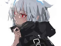 1girl 2017 black_jacket blush character_request clothes_grab female_focus from_side girls&#039;_frontline grey_hair hair_between_eyes hair_flaps hair_over_eyes hand_up hood hood_down hooded_jacket jacket looking_away looking_to_the_side multicolored_hair parted_lips portrait raised_eyebrows ran_(bukeranwu) red_eyes short_hair shoulder_belt sidelocks simple_background solo streaked_hair teeth two-tone_hair white_background